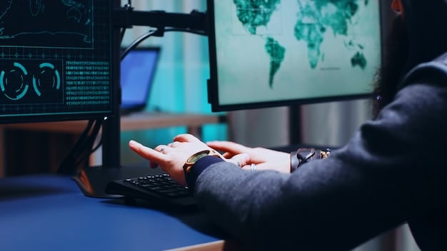 A cybersecurity expert analyzing network traffic on a computer screen, highlighting the proactive monitoring and threat detection measures needed to defend against cyber attacks.