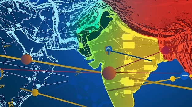 A map highlighting the strategic location of India and Pakistan in South Asia, with arrows indicating key trade routes and geopolitical hotspots. The map also shows US military bases and areas of strategic interest in the region.