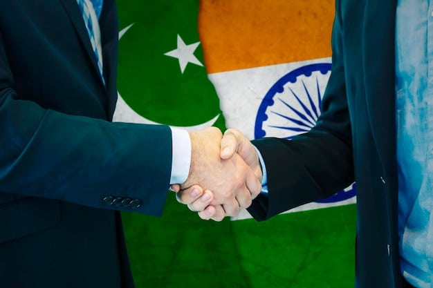 A split image showing the US flag on one side and a handshake between representatives from India and Pakistan on the other, symbolizing the balance between applying pressure and fostering diplomacy.