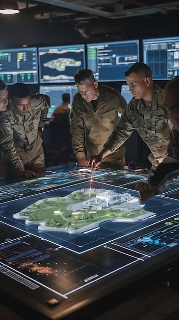 A digital rendering of a futuristic military command center, featuring advanced holographic displays and AI interfaces, showcasing the potential integration of AI in strategic decision-making.