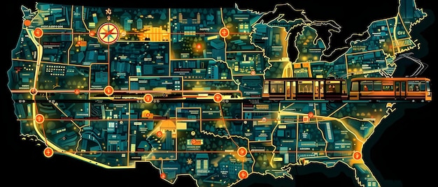 A map of the United States highlighting critical infrastructure locations such as power plants, water treatment facilities, and transportation hubs, with visible cyber security layers and digital shields overlaying each point, visually representing the defense mechanisms in place.