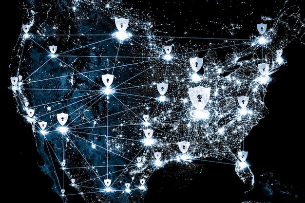 A collage featuring the logos of CISA, NSA, FBI, and DHS, connected by digital threads and security icons, representing the collaborative efforts of these agencies in protecting US critical infrastructure against cyber threats.