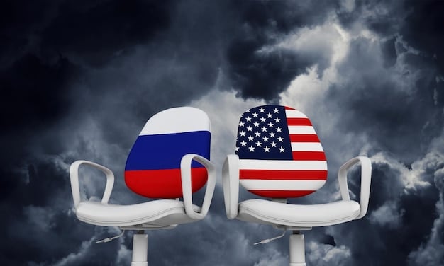 A split image showing diplomats from the US and Russia seated at opposite ends of a long, polished table in a formal setting. The atmosphere is tense and the body language suggests disagreement. Flags of both nations are subtly placed in the background.