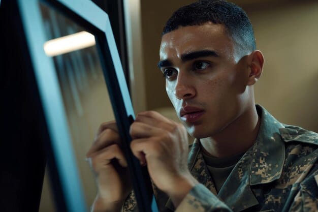 A close-up shot of a military officer monitoring an AI-driven surveillance system display, highlighting the human-machine interaction in modern warfare. The screen shows complex data visualizations and threat assessments.