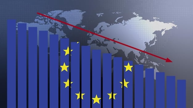A graph showing a sharp decline in trade volume between the US and the EU, with arrows indicating the imposition of tariffs and regulatory barriers. The graph should be set against a backdrop of factories and shipping containers to represent affected industries.