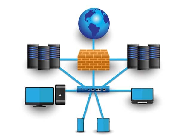 A network diagram showing multiple layers of security protocols and firewalls protecting data flows within a US government agency. The visualization should emphasize data encryption and intrusion detection systems.