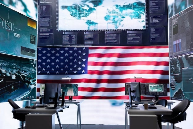 A depiction of US Cyber Command headquarters, showcasing the integration of military and civilian cyber experts working together to defend against cyber threats. The image should convey a sense of vigilance and advanced technological capabilities.