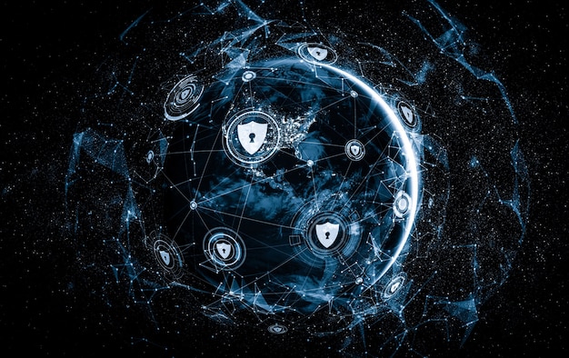 A digital rendering of a globe with various cyber symbols overlaid, representing cyber threats and the interconnectedness of global security.