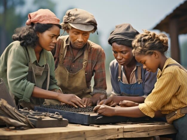 A group of international aid workers collaborating on a project in a developing country. The image captures the teamwork and dedication involved in delivering aid effectively. The setting is vibrant and shows the real-world impact of US foreign aid initiatives.