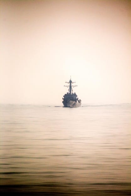 A photo showing a US Navy destroyer patrolling the Strait of Hormuz, with a commercial oil tanker visible in the background. The image emphasizes maritime security and the importance of the strait for global energy supplies.