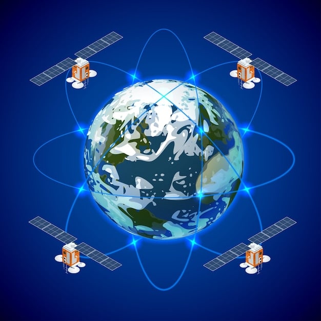 A satellite orbiting Earth, equipped with advanced sensors and communication technologies, symbolizing the increasing importance of space assets for military intelligence and operations. Nighttime view, city lights visible on Earth.