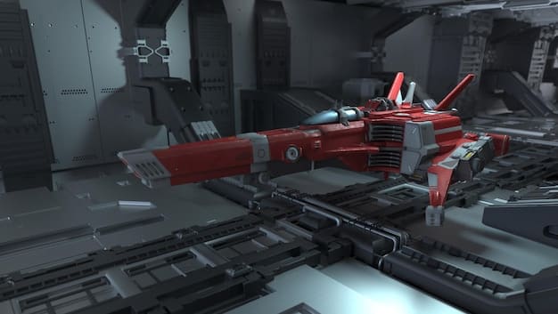 A futuristic space station with visible laser weapon systems, representing the cutting-edge technologies being developed for space militarization and the potential for space-based warfare. Dark background, stars visible.
