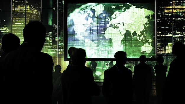 Delegates from various countries at a G7 summit discussing strategies related to food security, with maps and charts projected on a screen in the background.