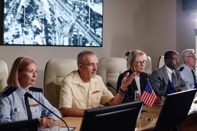 A photograph of a joint meeting between US government officials and representatives from international organizations discussing cybersecurity strategies and incident response plans.