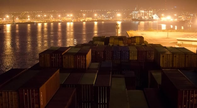 A bustling international port with cargo ships and containers, representing the flow of goods and the global trade networks that are central to US economic interests.