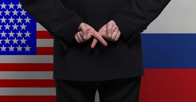 A split image showcasing a US diplomat shaking hands with a Russian counterpart. The background should be blurred, but subtly reveal recognizable symbols of each country, such as the US flag and the Russian coat of arms. Focus on the expressions and body language, capturing the cautious and deliberate nature of their interaction.