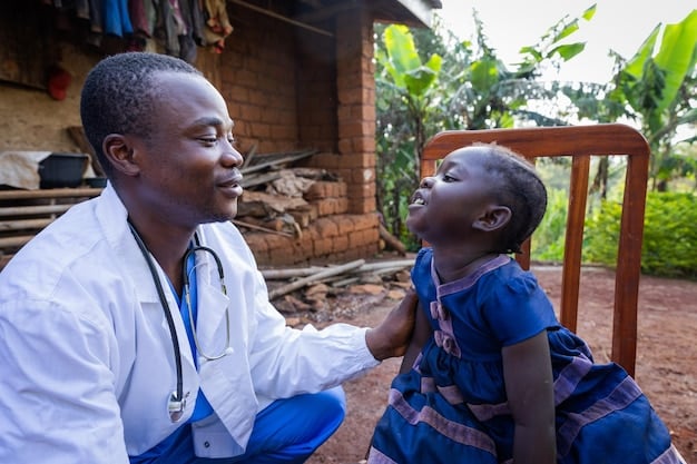 A doctor examining a child in a rural African village healthcare centre, with medical supplies in the background, partly labelled with USAID logos. The photo aims to capture the crucial role of American aid in African healthcare.