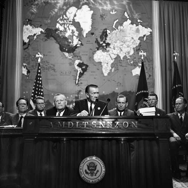 A black and white photo from the 1940s showing US President Harry Truman signing the UN Charter, surrounded by other world leaders.