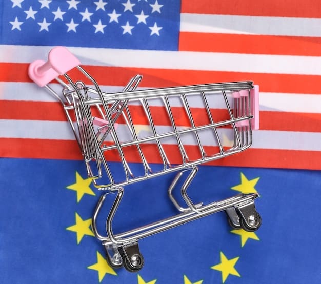 A graphic illustrating the flow of goods and services between the US and the EU, with arrows indicating tariffs and trade barriers. The graphic highlights key sectors affected by potential trade war measures.