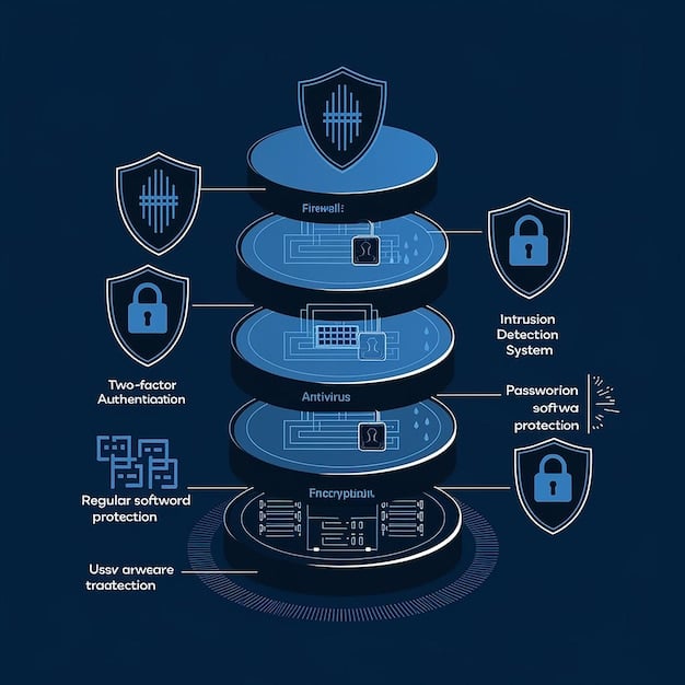 A graphic depicting the layers of a cybersecurity framework, showing the different levels of protection from network infrastructure to data encryption. Key US government agencies are represented as icons in the design.