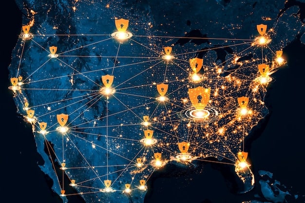 A world map highlighting the network connections between the US and its key allies in cybersecurity. The map shows data flows and collaborative efforts in cybersecurity initiatives.