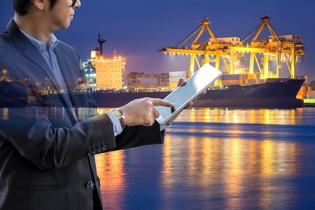 A visual representation of economic sanctions, showing cargo ships being inspected and financial transactions being monitored.