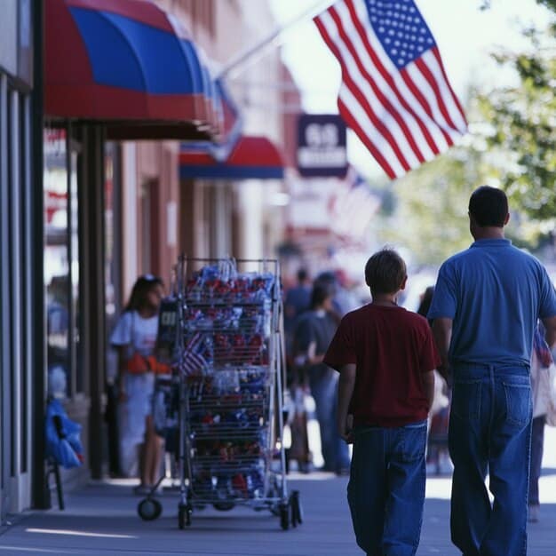 A photograph showing a bustling Southeast Asian marketplace with US flags subtly incorporated into the scene. The flags are partially visible on vendor stalls, symbolizing the US economic presence in the region, while the diverse crowd represents the people whose lives are affected by trade and human rights issues.