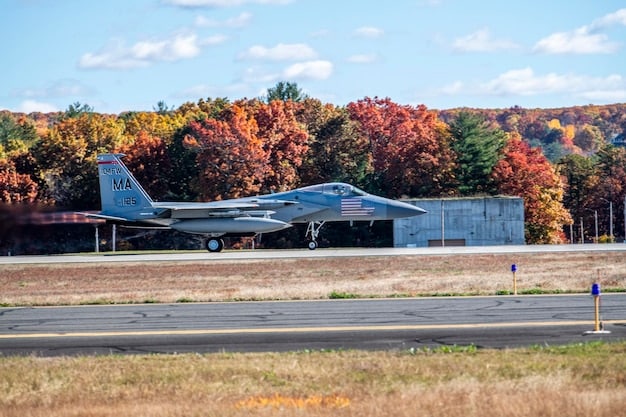 A photo of an F-15 fighter jet with US and Saudi Arabian markings taking off for a joint training exercise.